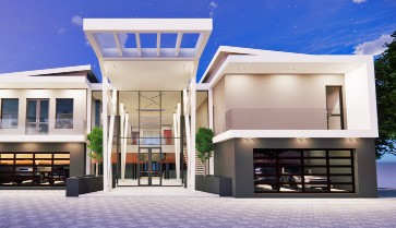 Rendered view of 361 Eco Estate with pool and contemporary residential massing
